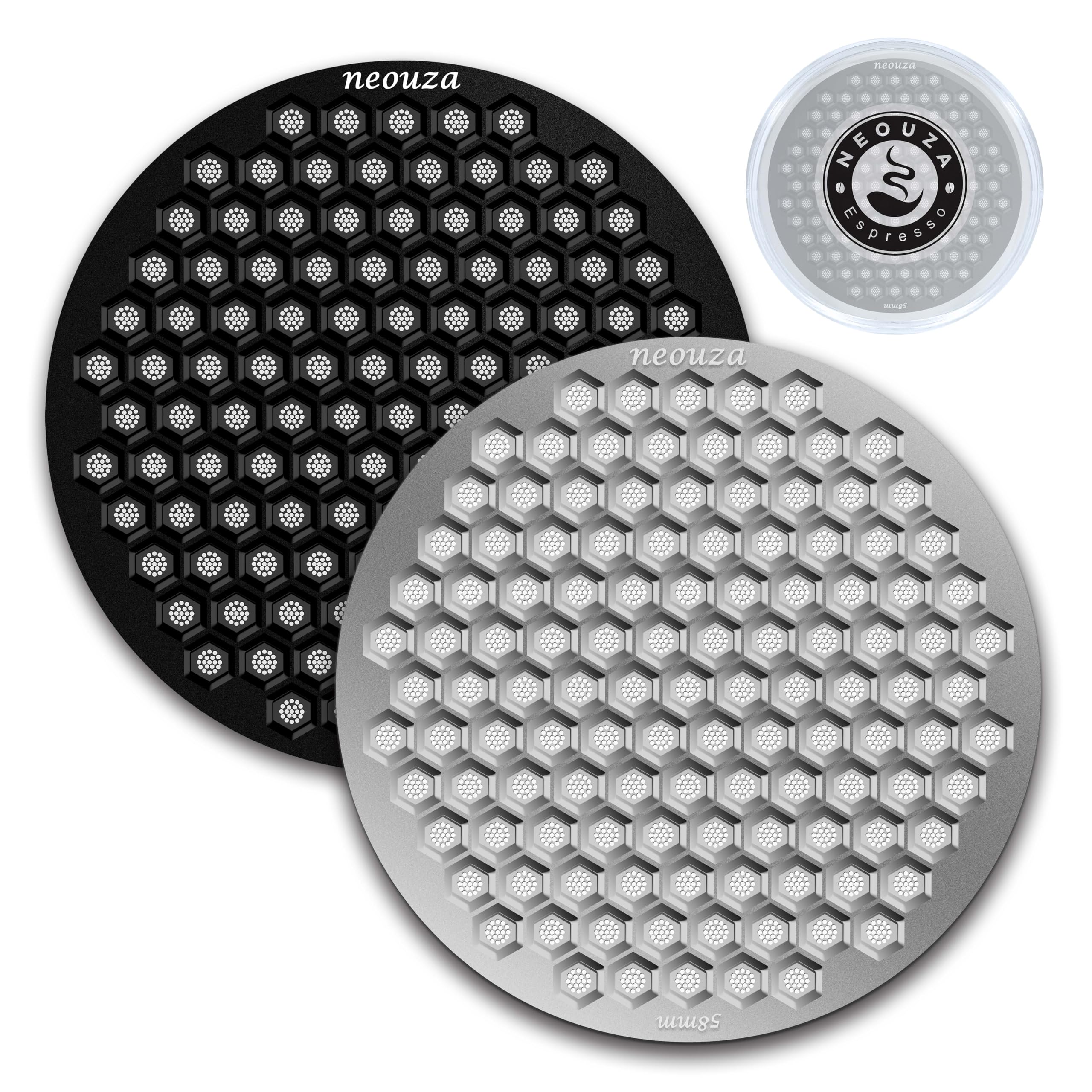 

NEOUZA Espresso Pack Thick Honeycomb Reusable Coffee Filters for Portafilter V4 Screens, 0.8mm Mesh, Baskets, (Black + Silver, 2-Pack, 58mm)