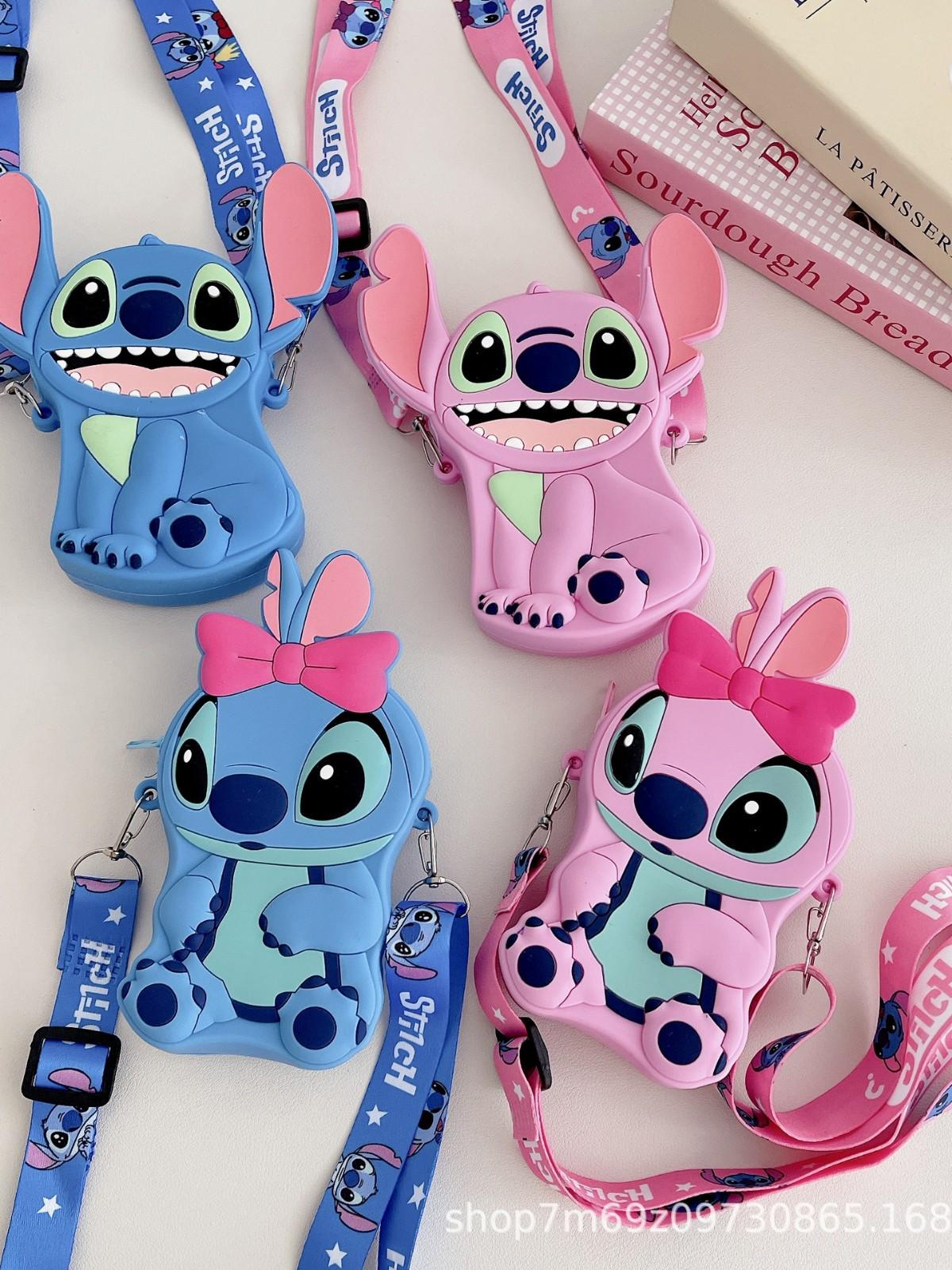 Stitch Bow Cartoon Crossbody Bag for Kids - Cute Large Capacity Coin Purse Stitch Big Ear Silicone Coin Purse Pink