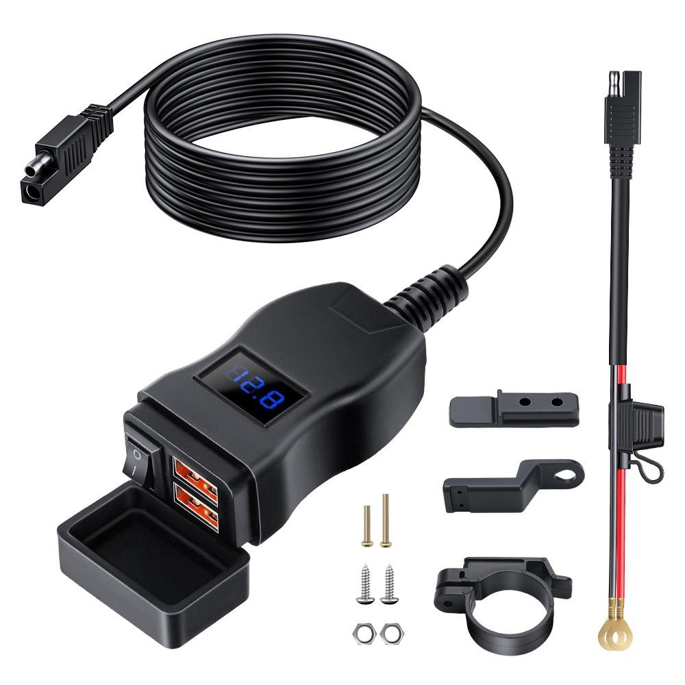 Motorcycle Battery Monitor USB Charger 6V-30V LED Voltmeter QC3.0 PD20W Safety