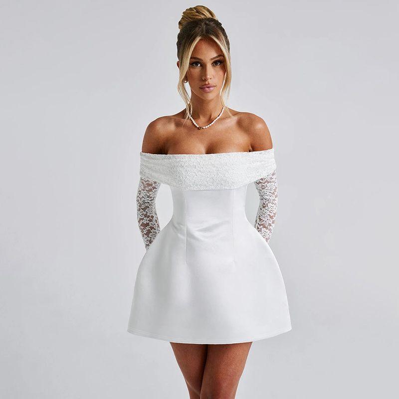 

Gusty French Style Pure Desire off-Shoulder Lace Waist A- line Dress Hepburn Dress Accessible Luxury Adult Lady like Woman Elegant Dress White S