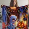 Vintage Style Halloween Ghost with Autumn Leaves and Pumpkin Lantern Print Flannel Throw Blanket, Soft Cozy Warm Lightweight