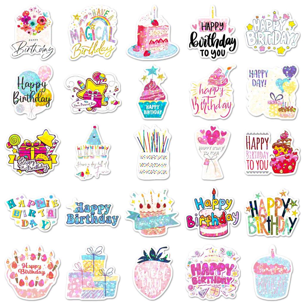 50 Sheets of Festive Happy Birthday Laser Stickers for Notebooks and Journals