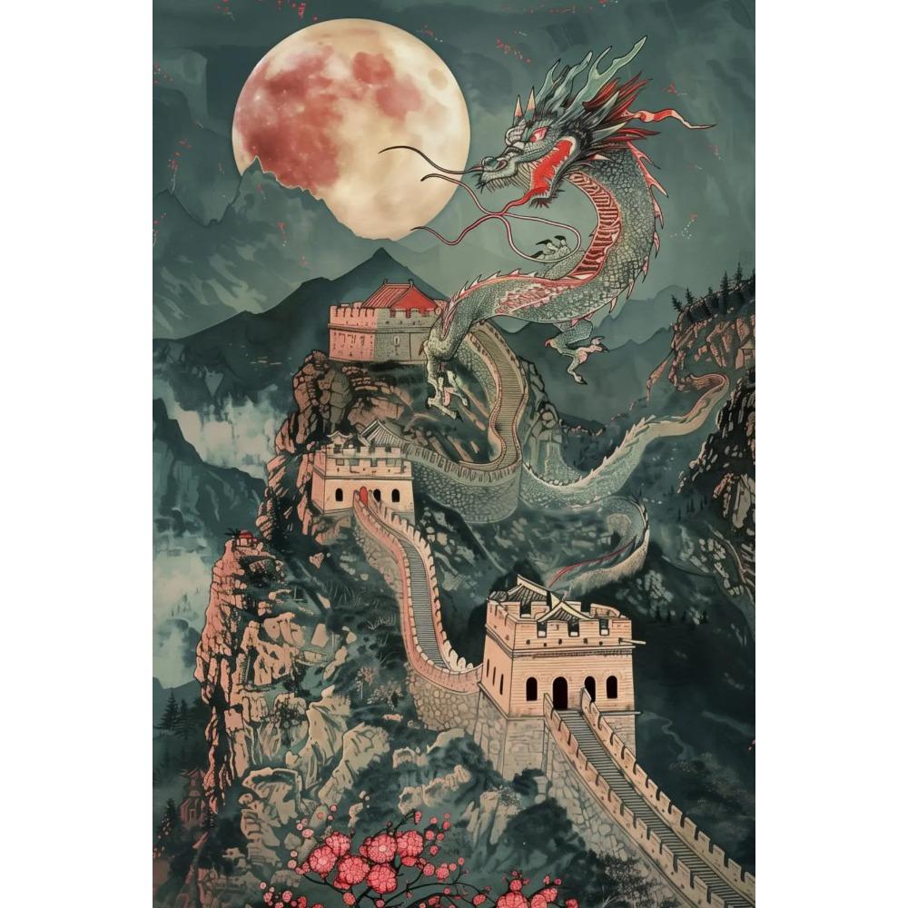 Vintage Iconic Mysterious Grand Chinese Loong Poster The Great Wall Modern Prints Canvas Wall Art Picture Home Living Room Decor
