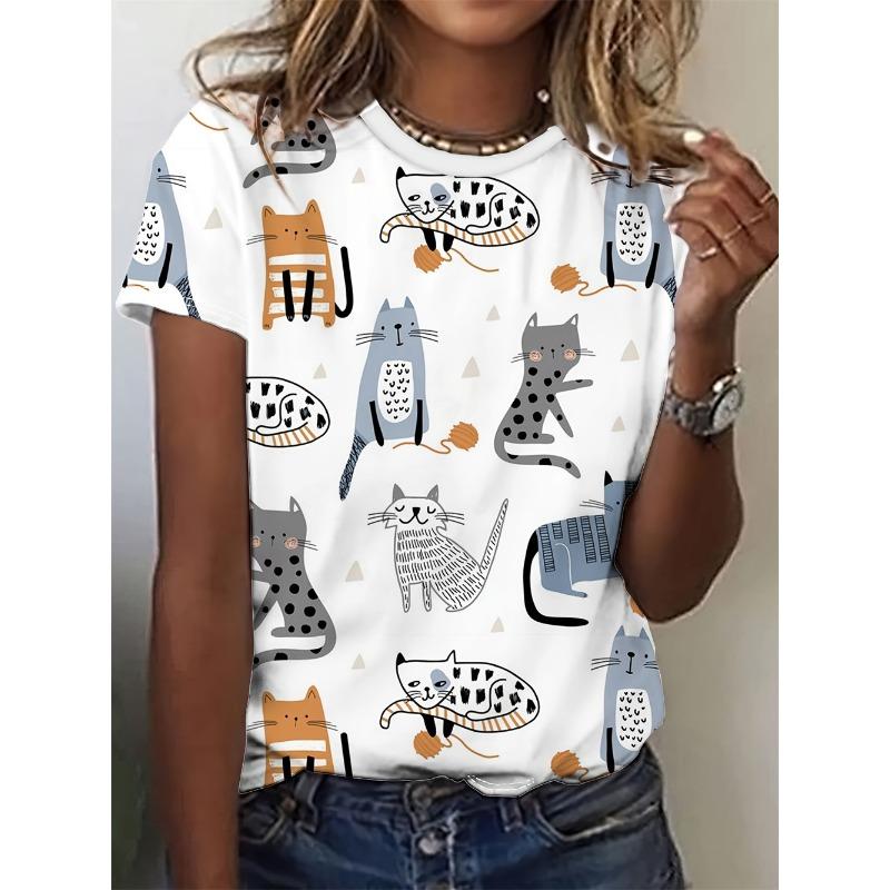 

Летний топ с круглым вырезом, 3D-принтом с мультяшными животными, модная повседневная футболка с коротким рукавом для женщин XS