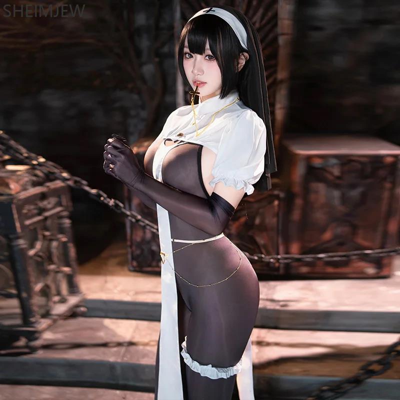 Kobiety Seksowna Zakonnica Cosplay Kostium Halloween Dorosły Przezroczysty Kombinezon Pokojówki Otwarty Krok Z Welonem Karnawał Impreza Klub Nocny Bar Garnitur