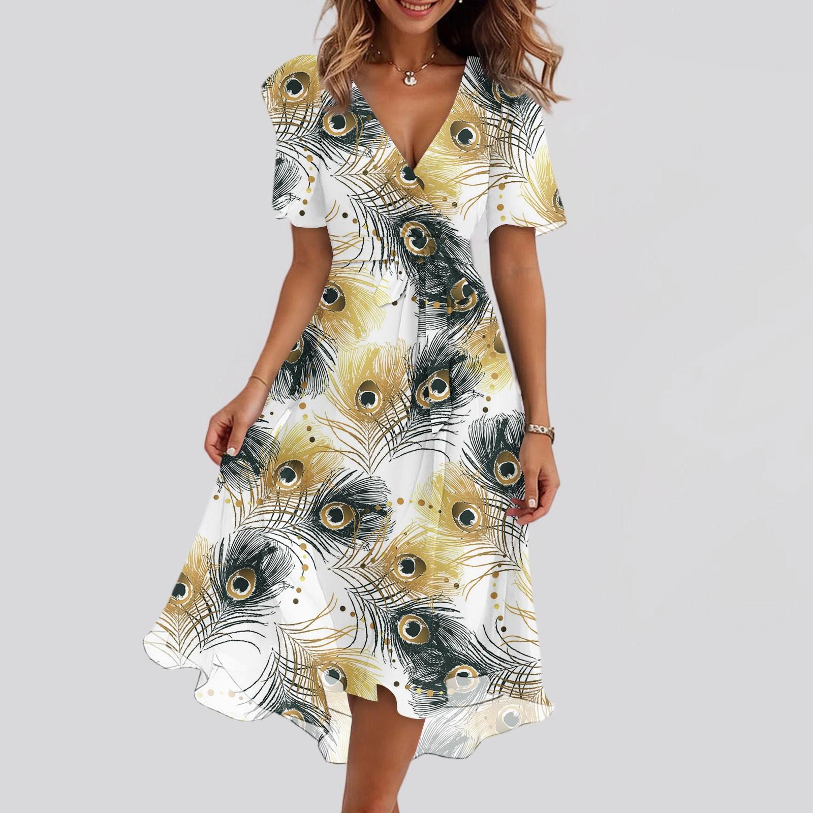 

Women s Summer Printed Casual Wrap V Neck Ruffled Hood Short Sleeves Belt A-Line Ruffle Hem Midi Sundress XXL