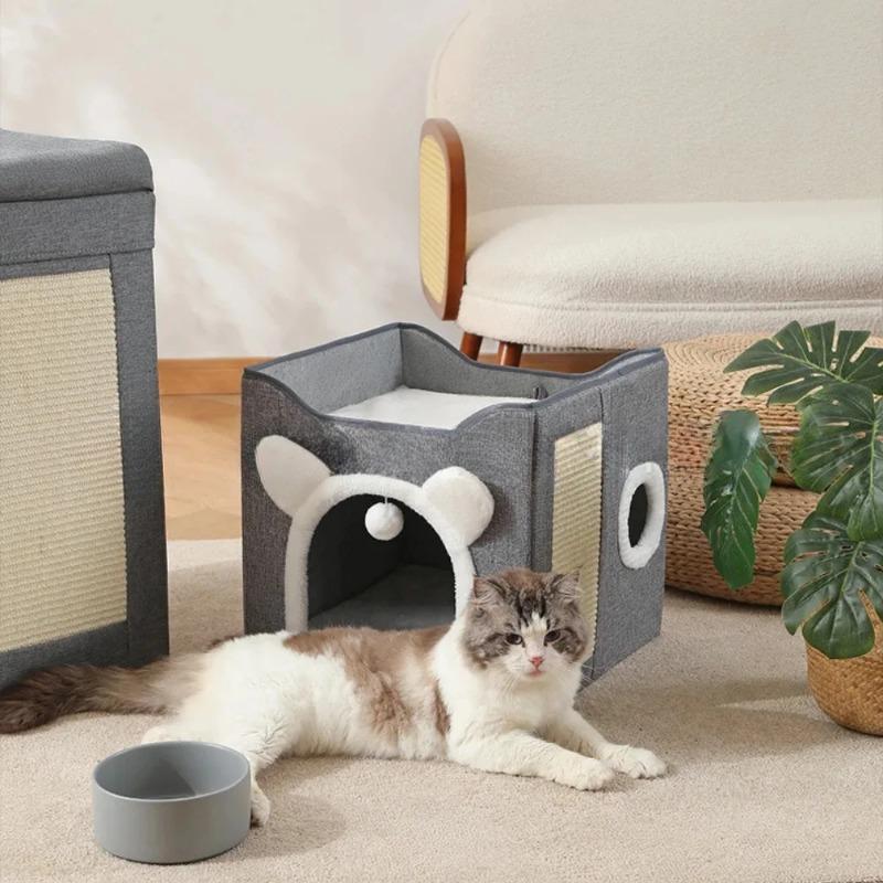 Pet Cat House Large Cat Bed Four Season Universal Double Layered Cats With Fluffy Ball Hanging Cube Beds For Large Kitten Indoor