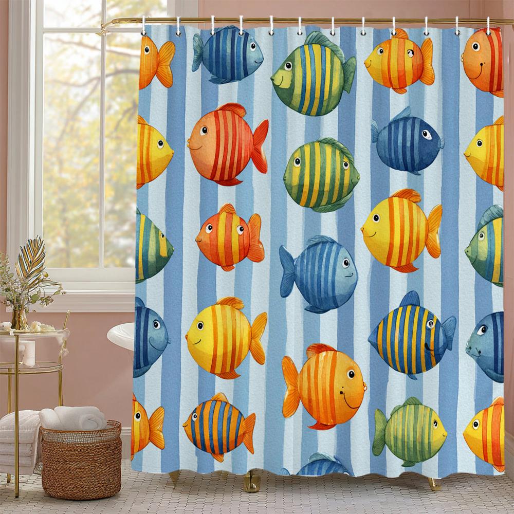 Cartoon cute fish children Shower Curtain, Bathroom Decorative Shower Curtain, Waterproof Shower Curtain with Hooks