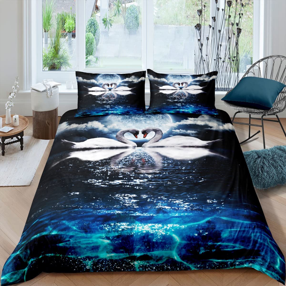 

Комплект постельного белья с изображением лебедя, комплект постельного белья в стиле гавайского океана Blue Sky из 3 предметов, романтический пододеяльник с изображением белых диких животных и 2 наволочками US Queen(228x228cm)