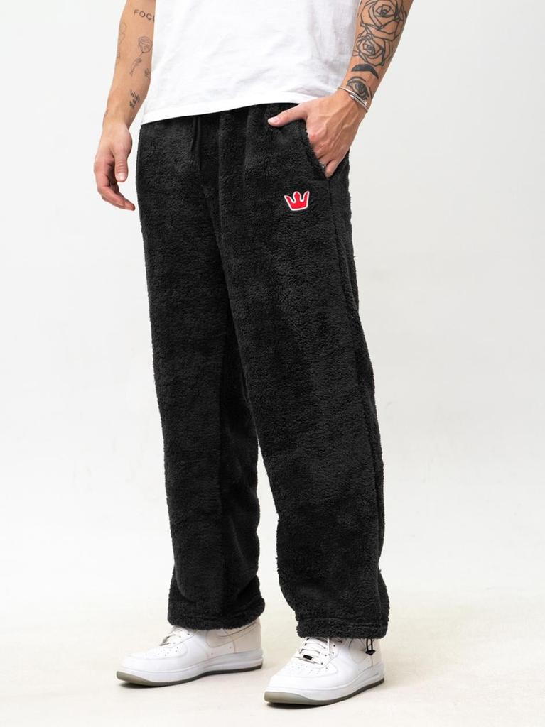 Jigga Wear Teddy Simple Crown Men's Black Sherpa Baggy Sweatpants M
