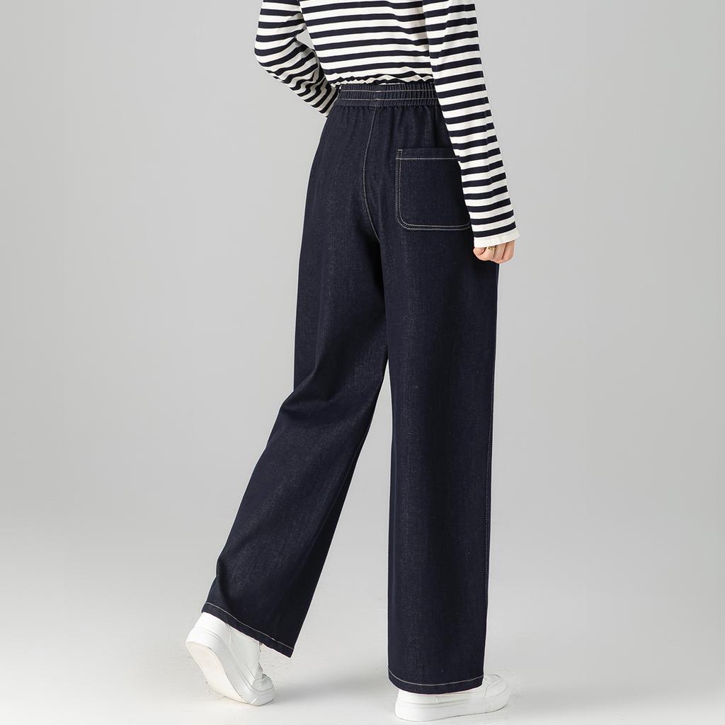 Damen Elastische High Waist Cropped Gerade Jeans Mittlere Dehnung Mit Aufgeschlagenem Saum Gestreifter Saum Locker Weites Bein Denim Hose