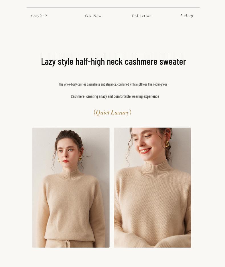 Women's Cashmere Half-High Neck Knit Sweater - Versatile, Loose-Fit, Slimming, Warm Base Layer
