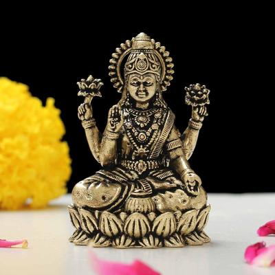 Brass 2" Goddess Maa Laxmi Idol Murti Statue for Home and Office (5x3x2 Cms,)
