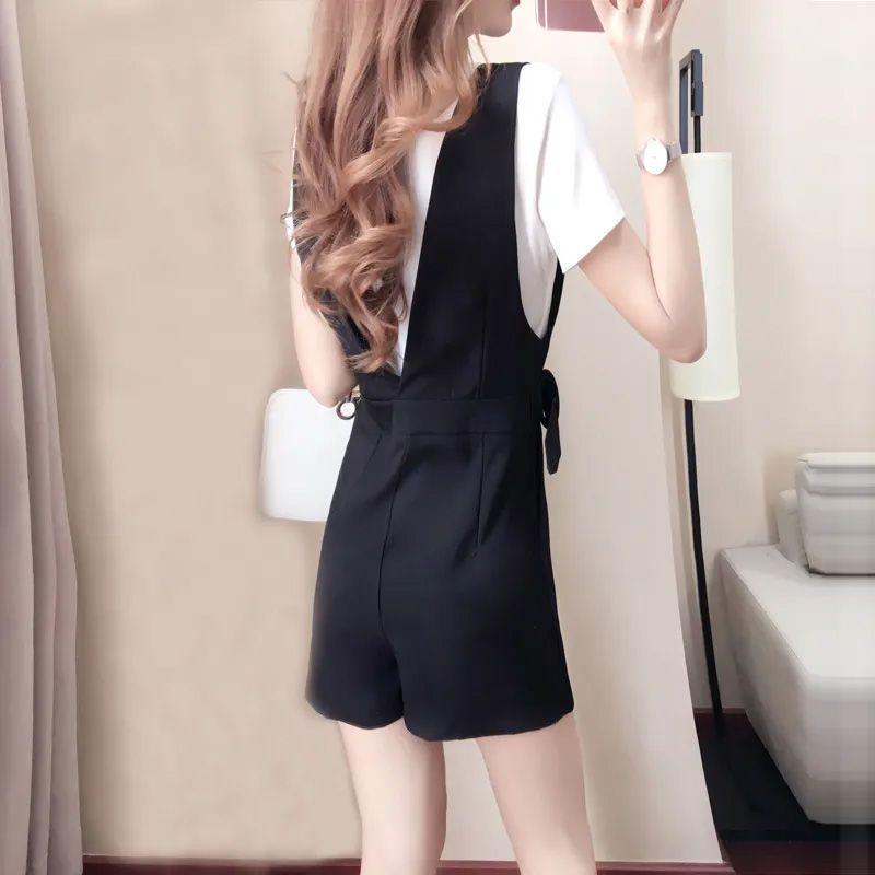 Black High-Waisted Slimming Two-Piece Overalls - Spring/Summer 2026 Girls' Casual Loose Straight Shorts