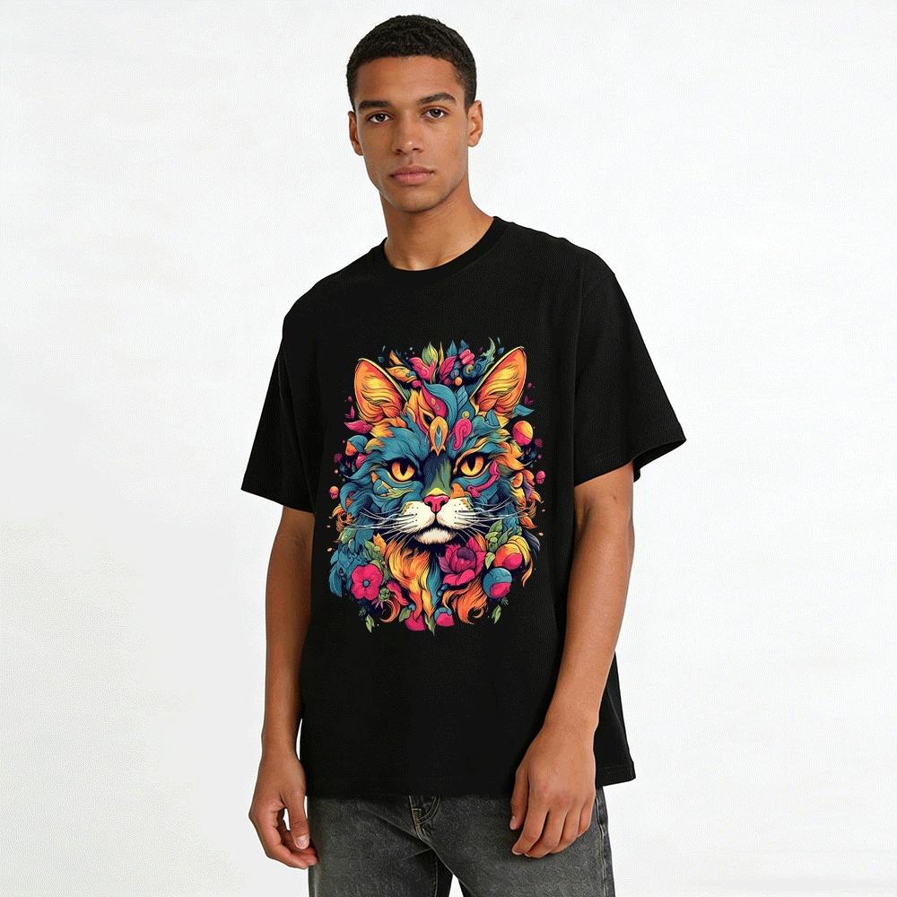 Bohemian Floral Cat Graphic Print Casual Tee Pure Cotton T-shirt