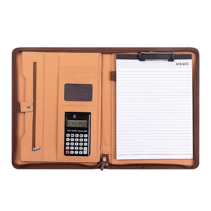 Leather Conference Folder Zippered Business Document Case with 12 Digit Calculator Clipboard Notepads and Card Slots коричневый