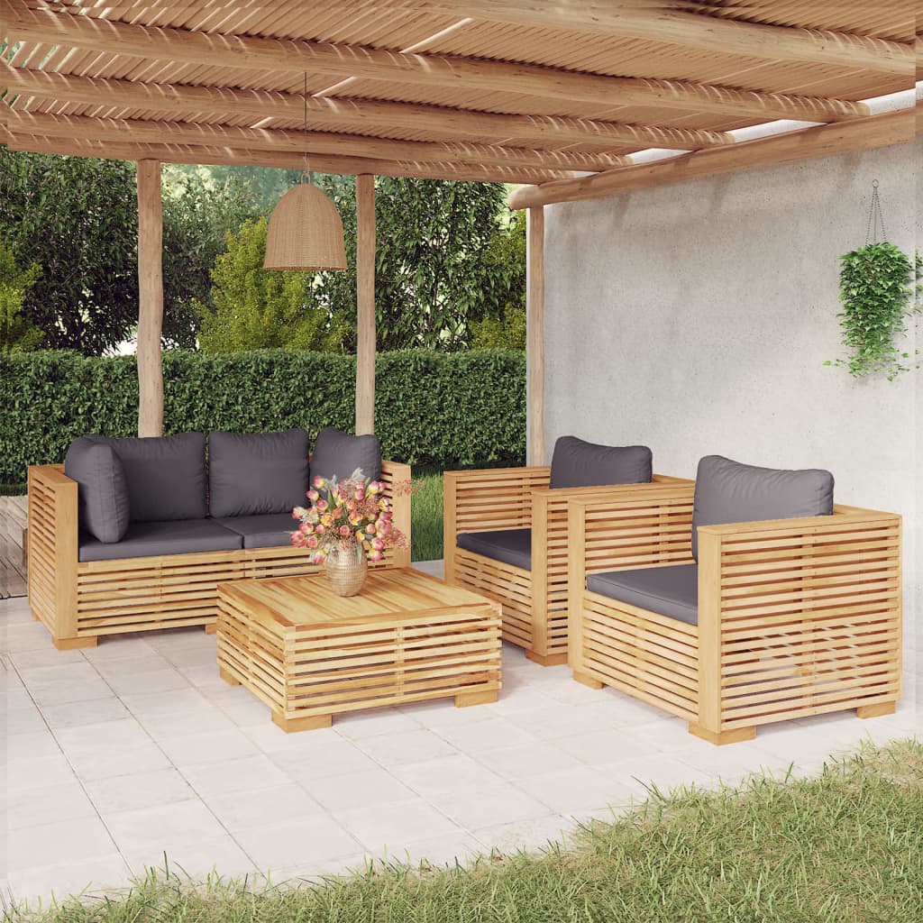 5 Piece Garden Lounge Set with Cushions Solid Teak Wood
