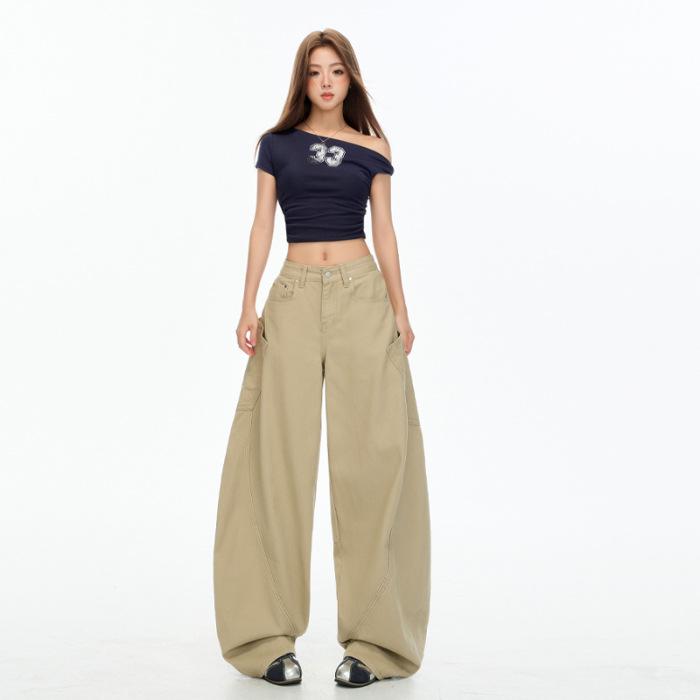 Autumn Khaki Scimitar High-Street Drapey Wide-Leg Jeans for Women