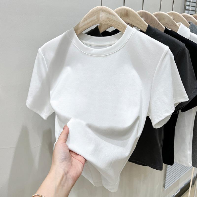 Summer Solid Color Spice Girl White Short-sleeved T-shirt Women's Korean Version Versatile Slim-fitting and Thin Round Neck Tight Bottoming Shirt