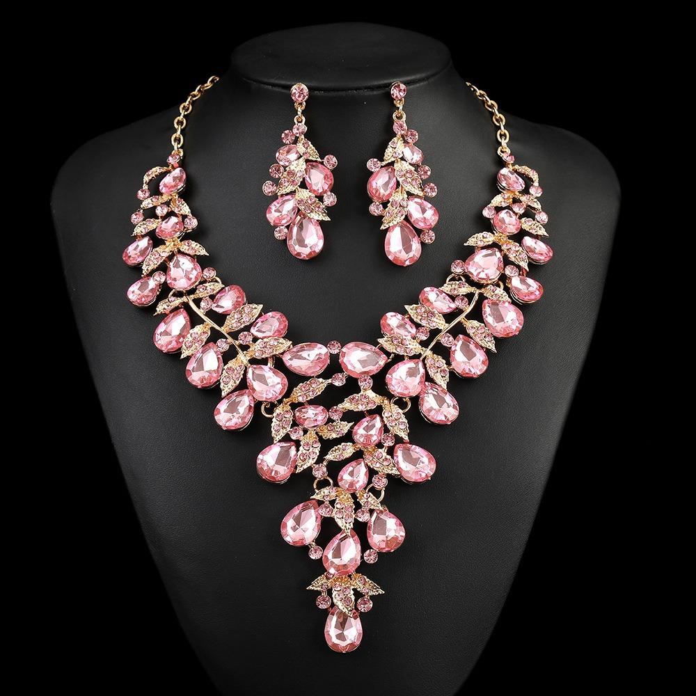 Exaggerated Rhinestone Necklace Earrings Set Women'S Dress Banquet Accessories