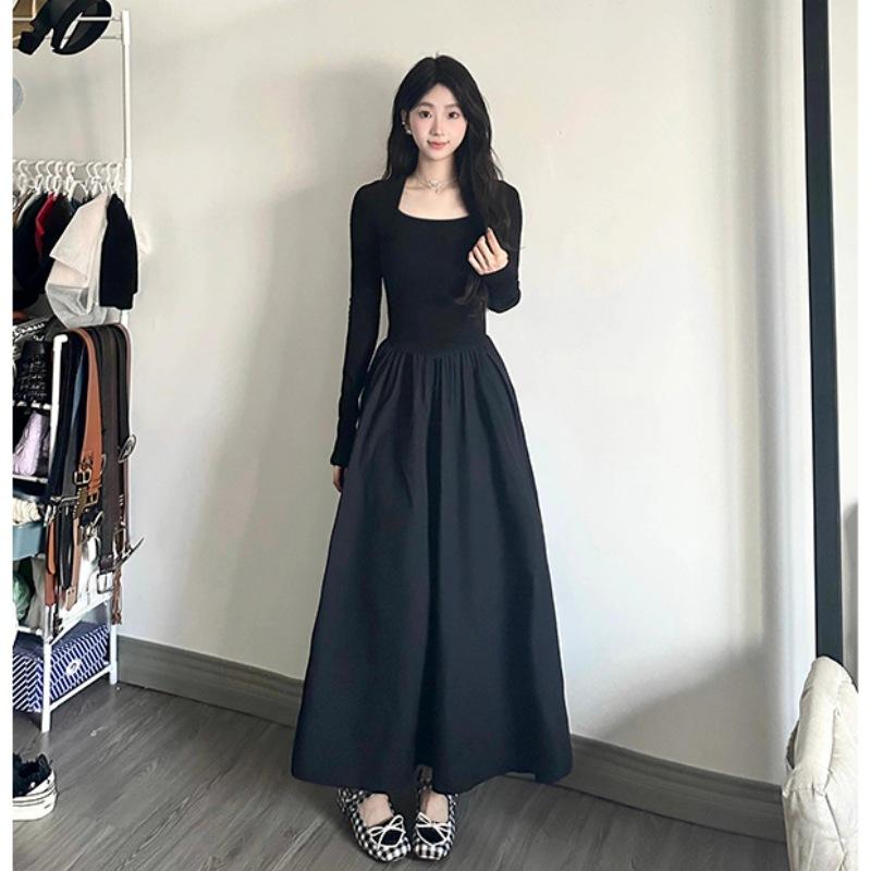 

Black knitted dress women s spring and autumn Hepburn style small man long sleeves waist slim autumn and winter interior with retro L