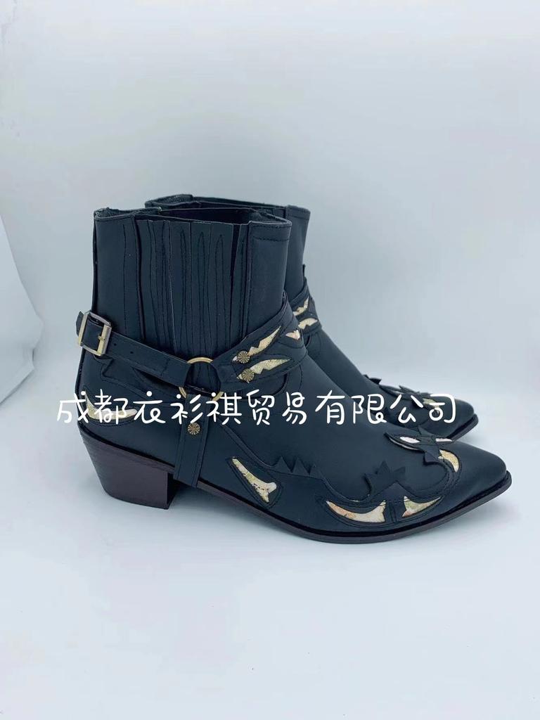 European and American Fashion Low Heel Pointed Burn Flower Strap Men's Knight Boots Chelsea Men's Boots Large Size