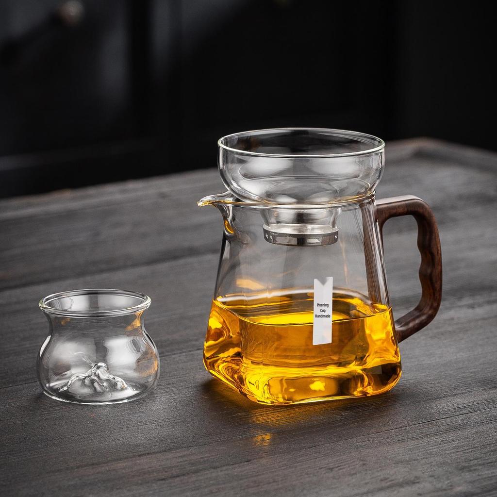 Wooden Handle Glass Gong Dao Bei: High-Temperature Resistant, Thickened Filter Tea Infuser Cup Set