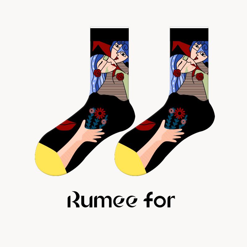 

French Retro Deer Rice Oil Painting Mid-Calf Skateboard Socks - Women s Trendy Couple Style. One Size