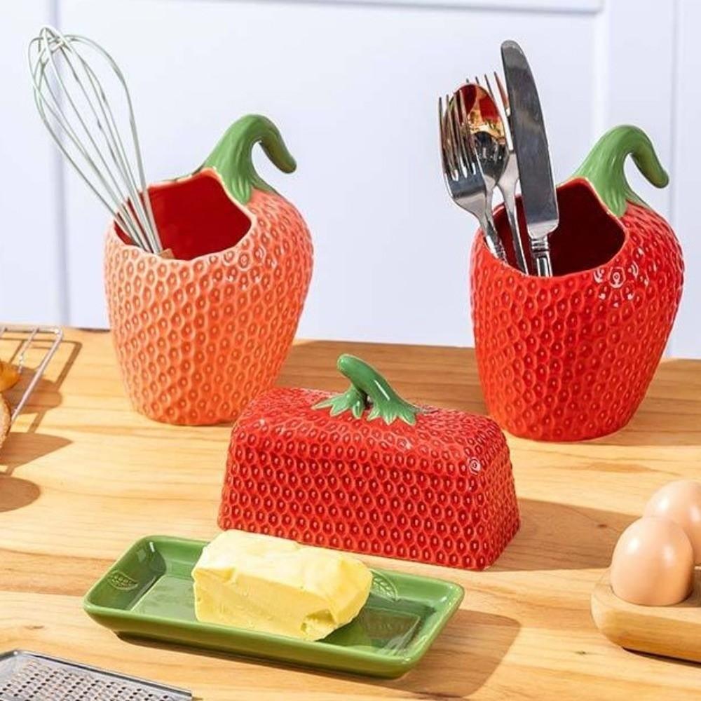 Strawberry Shape Butter Freshness Jar Ceramic Chopstick Tube Butter Box Butter Dish Restaurant