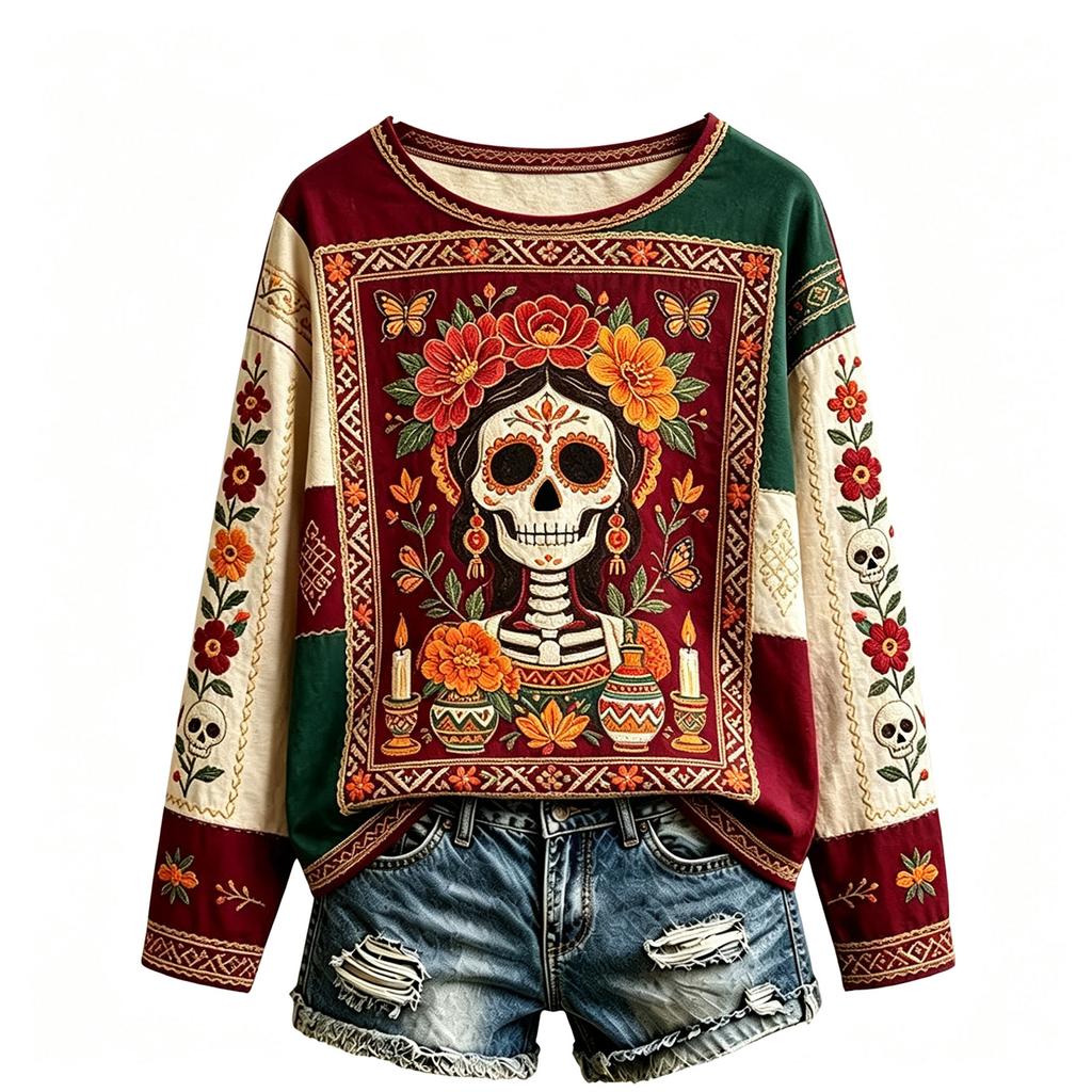 Women's Casual Comfortable Halloween Print Long Sleeve Neck Pullover Sweatshirt Top for Fall