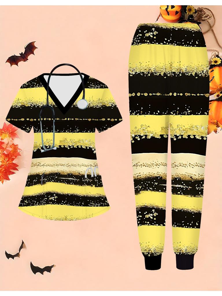 3D Stripe Printed Women's Nurse Uniform Set Short Sleeve Long Pants with Pocket Casual Fashionable Christmas Gift