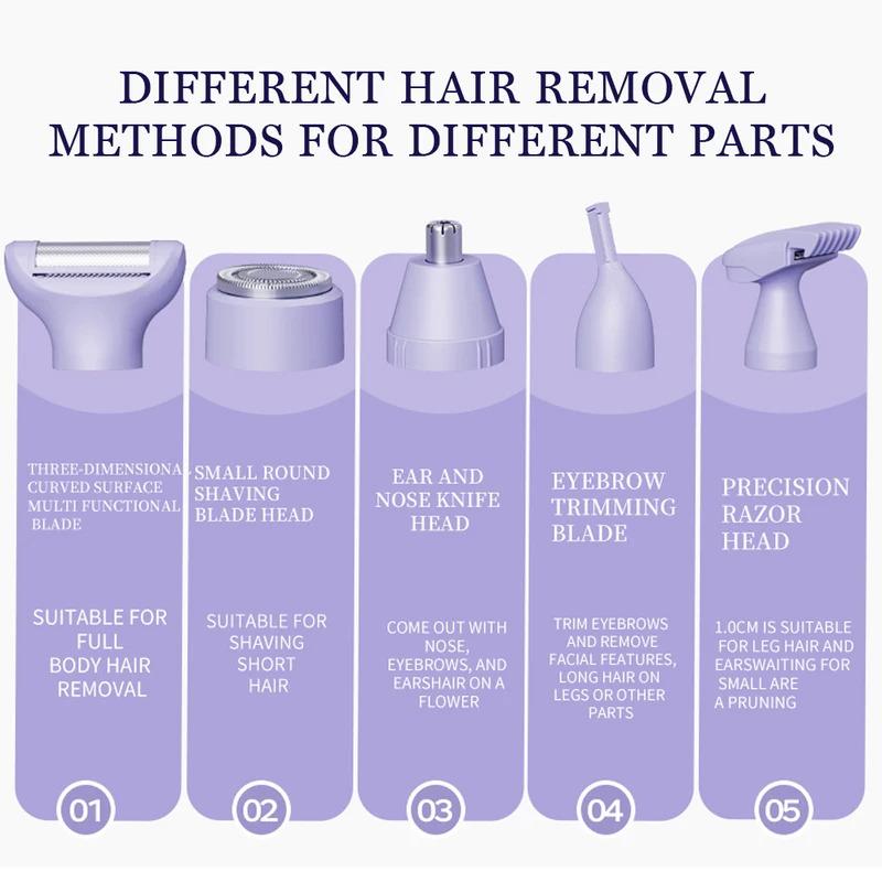 Afeitadora eléctrica 5 en 1 para mujer, afeitadora corporal, recortadora de vello para axilas, bikini, brazos, piernas, rostro y bigote, portátil, indolora.