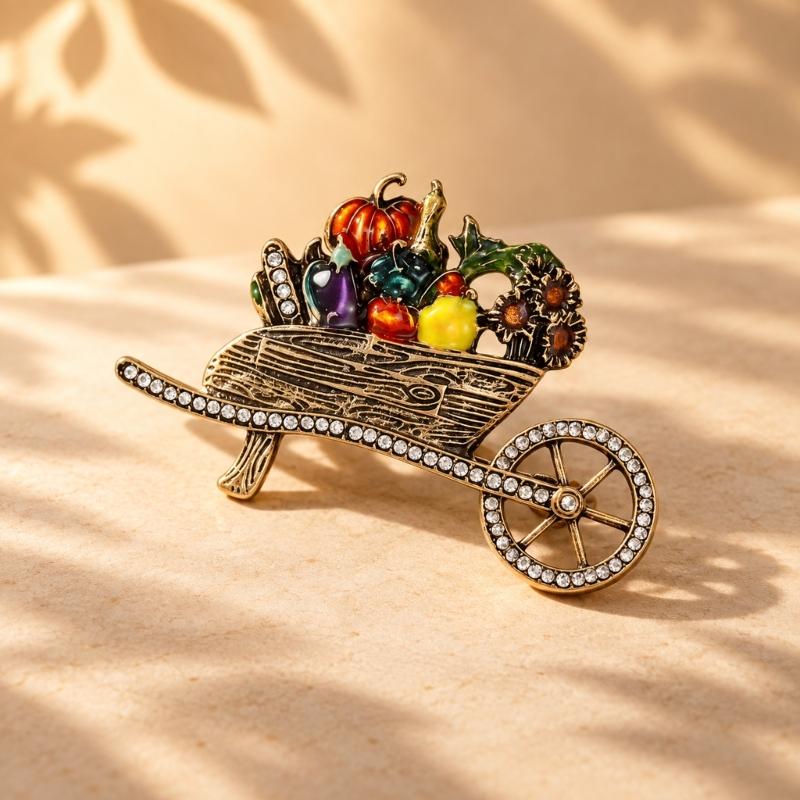 Harvest Wheelbarrow Brooch with Pumpkin and Vegetable Design, Antique-Look Alloy Pin with Raised Multicolor Details for Sweaters and Coats