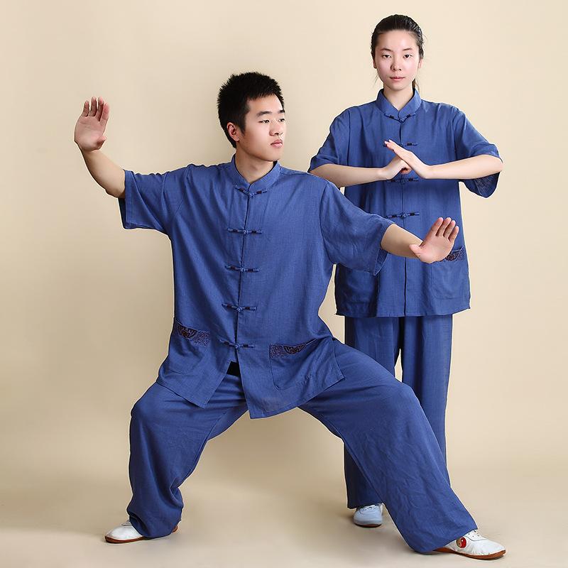 2Pcs/Set Unisex Button Placket Shirt Loose Solid Color Chinese Traditional Tai Chi Suit Kung Fu Wear Men Clothes