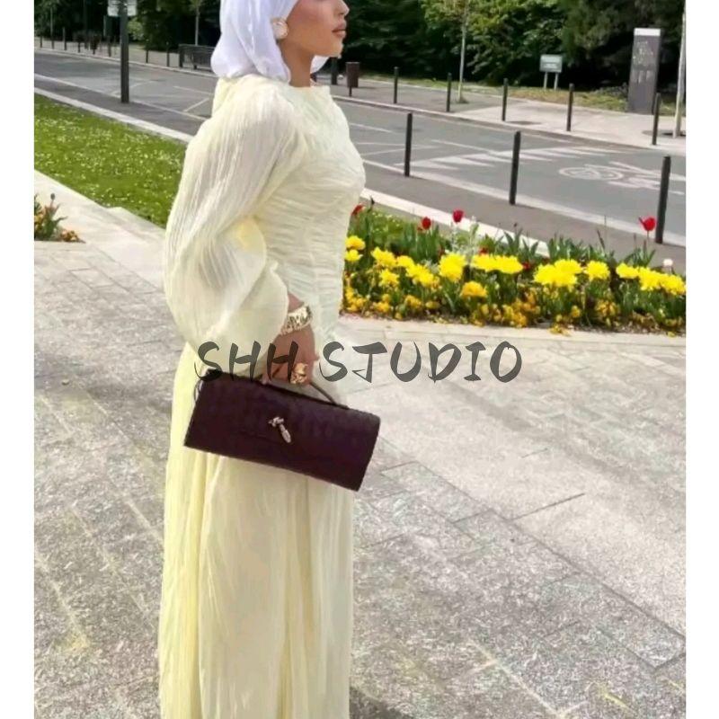 Summer New Arrival Women's Clothing Fashion Style Fashion All-Matching Temperament Leisure Pleating Long Sleeves round-Neck High Waist Dress