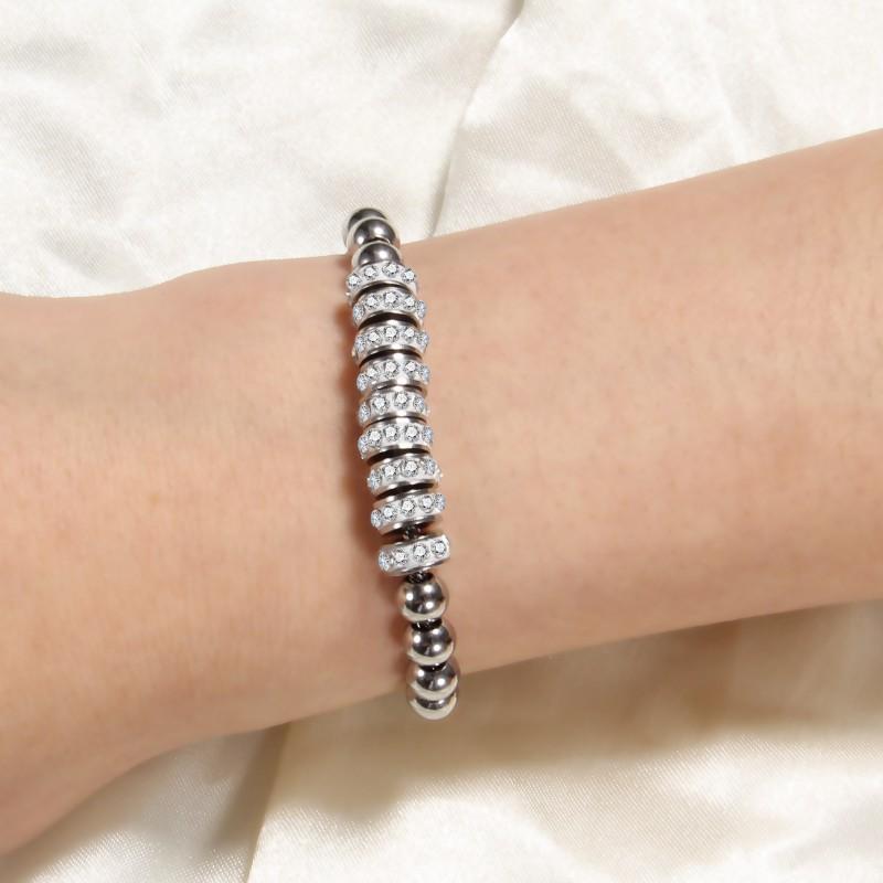 Adjustable Stainless Steel Beaded Bracelet With Rhinestone Accents Minimalist Geometric Design Women Men