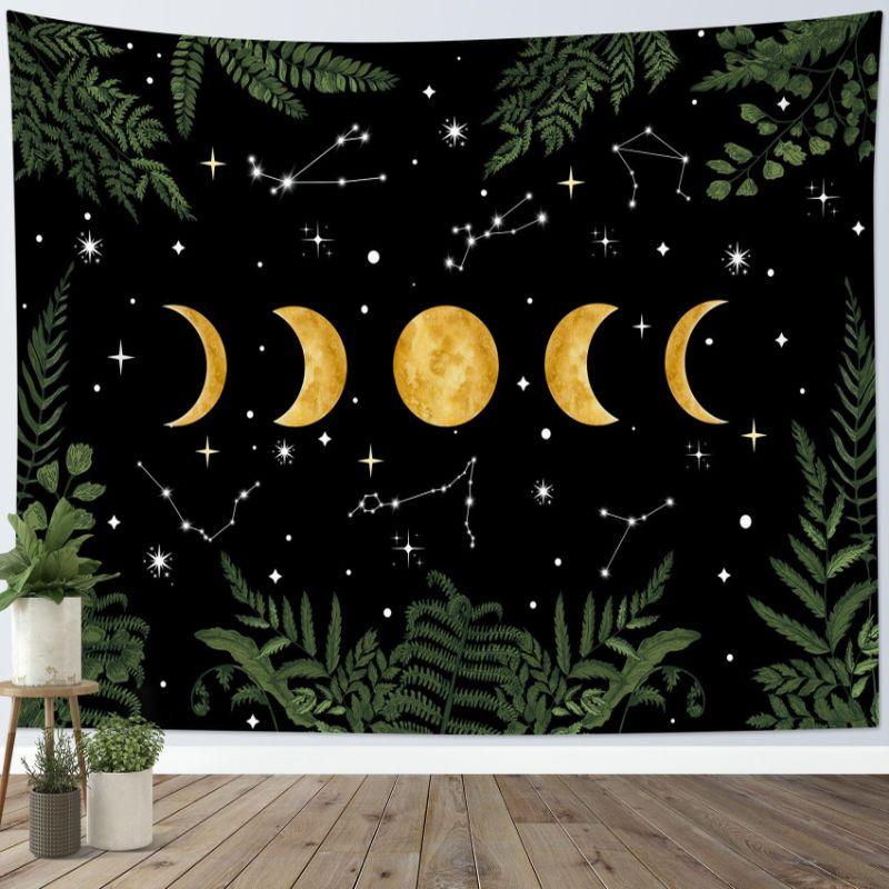 Moon Phase Constellation Fern Leaf Wall Tapestry Black Gold Lunar Cycle Star Zodiac Green Botanical Border Bedroom Living