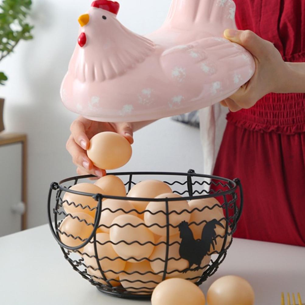 Storage Basket Iron Ceramic Hen Ornament Egg Fruit Container with Handle Kitchen Supplies