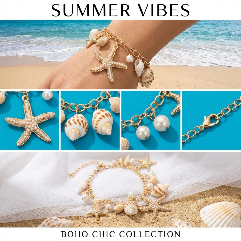 Bohemia Gold Color Metal Starfish Conch Chain Bracelet for Women Elegant Imitation Pearl Charm Bracelet Summer Beach Jewelry
