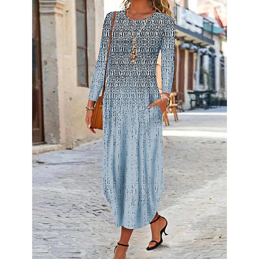GMXIA Women's Crew Neck Pocket Long Sleeve Casual Print Dress