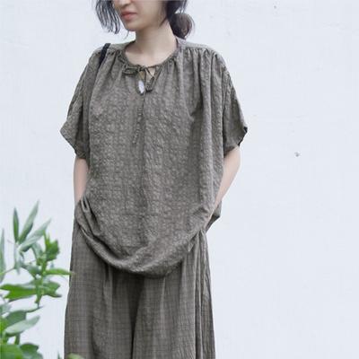 Frauen Baumwolle Leinen Sommer T-Shirts Plaid Oansatz Kurzarm T-shirts Lose Frauen Kleidung T-Shirts