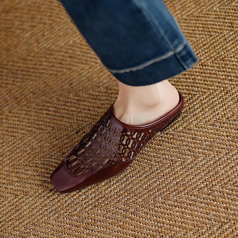 Fashion 2025 New Summer/Spring Women Mules Split Leather Women Shoes Square Toe Chunky Heel Shoes Cover Toe Women Sandals Soft Shoes