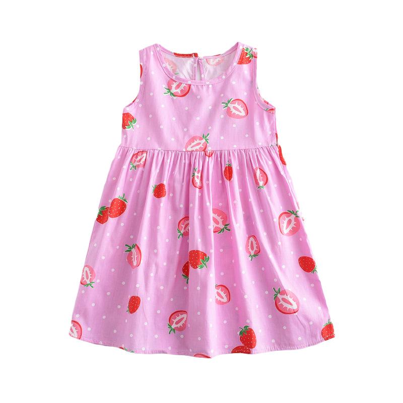 Cute Cartoon Print Dress for Girls Summer Sleeveless Small Fresh Fruit Pattern Multi-color Holiday Style Children's Clothing