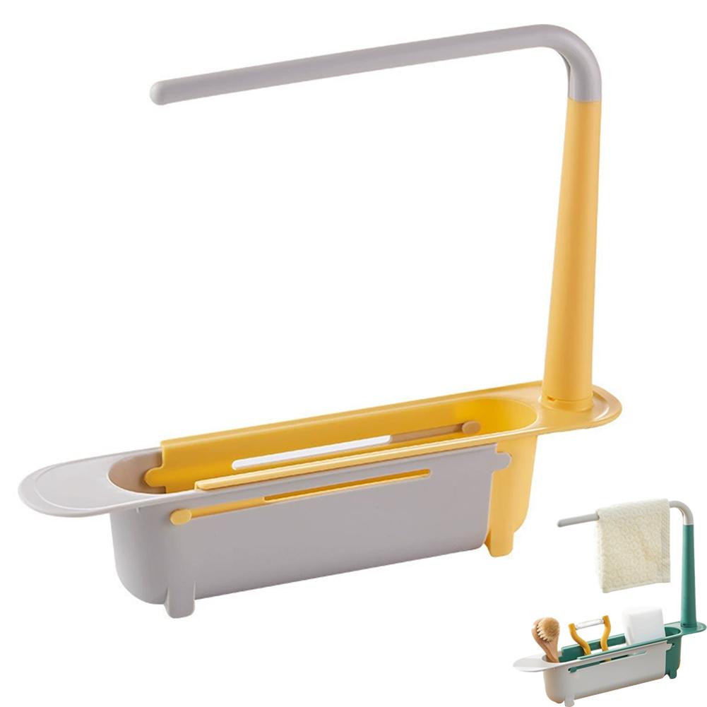 Multifunctional Telescopic Sink Caddy Drainable Kitchen Organizer with Towel Bar Expandable Sponge Soap Brush Holder