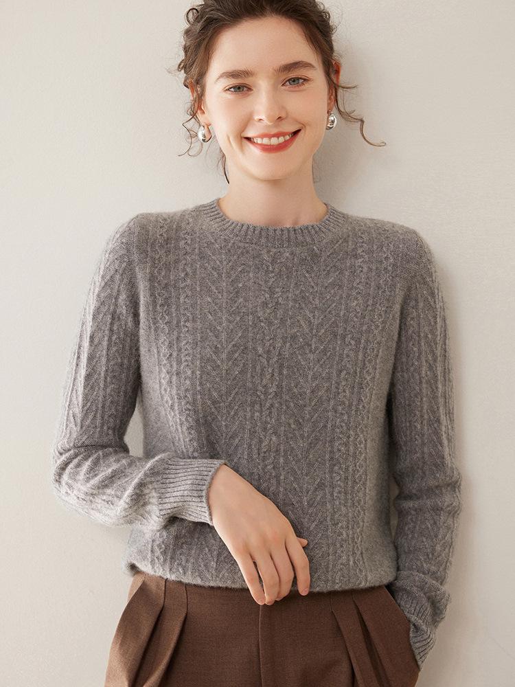 Women's Autumn/Winter Bamboo Leaf Twist Pattern Cashmere Knit Sweater - Round Neck, Loose Fit, Thick, Fashionable, Versatile