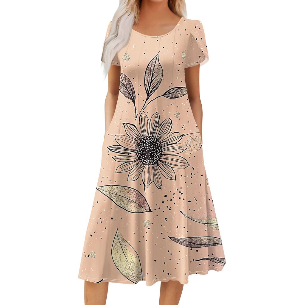Women's Casual Fashion Round Neck Printed Short Sleeve Pocket Dress