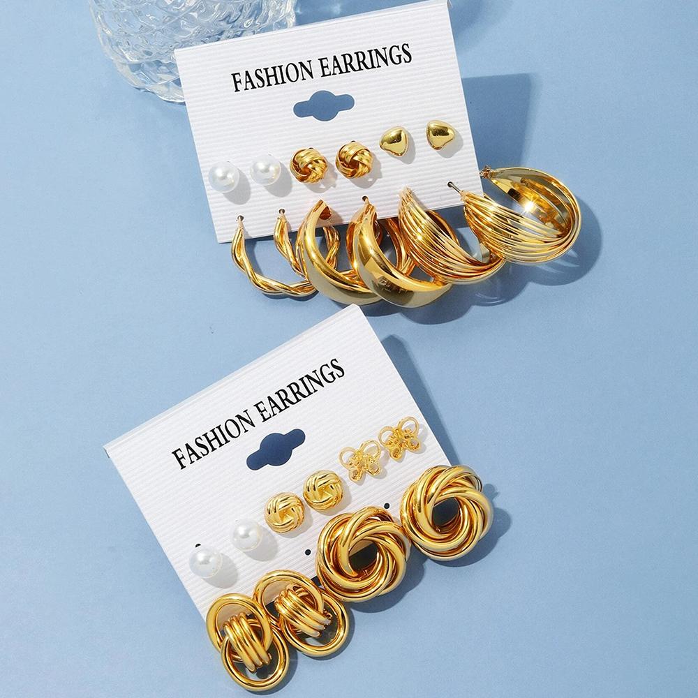 12 Piece Set Women Fashion Personality Versatile Simple Retro Gold Butterfly Love Heart Earrings Inlaid Zircon Earrings