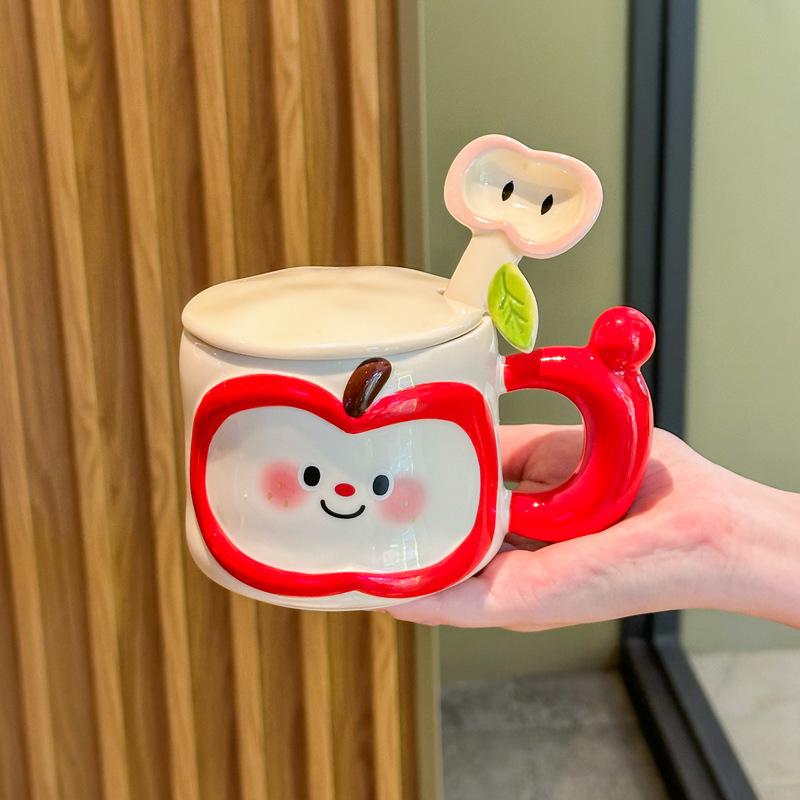 Roztomilý ručně malovaný jablečný keramický hrnek s víčkem a lžičkou, hrnek na pití, dívčí dárková krabička k narozeninám