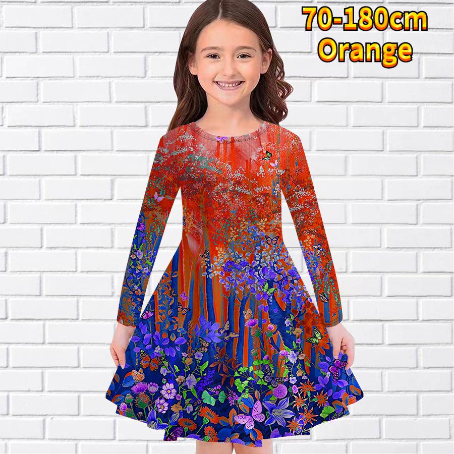 

Повседневное платье для девочки с принтом «Бабочка-лес» и круглым вырезом, длинными рукавами, детское платье принцессы 140 оранжевый