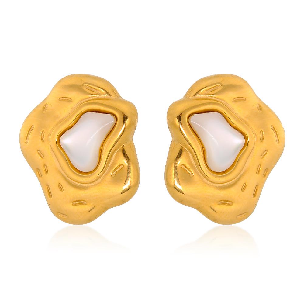 Chic White Shell Stud Earrings: European & American Retro Design in High-End Titanium Steel for Women